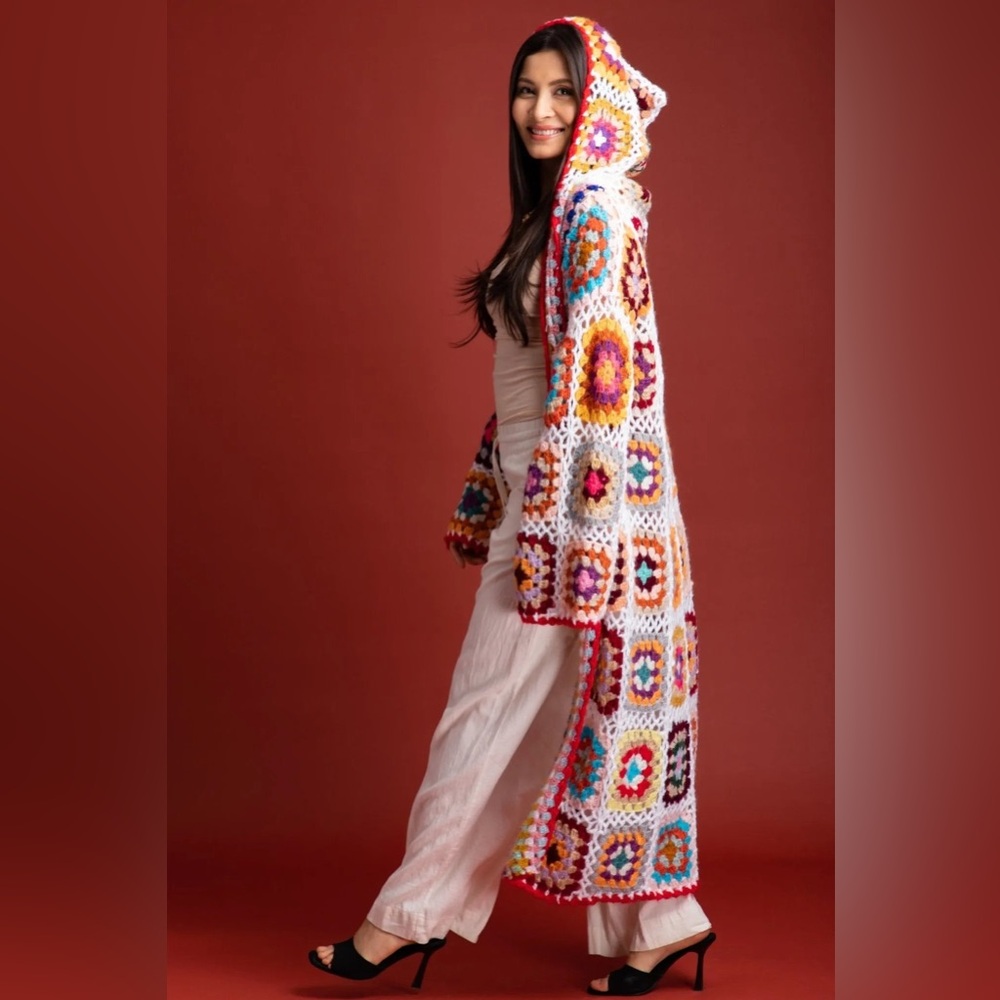 SAACHI Multicolor Crochet Cardigan HOODED GRANNY SQUARE CROCHET KIMONO